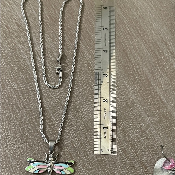 Artisan Silver Dragonfly Necklace with Pink and Green Accents - Picture 9 of 10